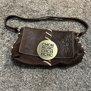 Carolina Herrera Vintage Brown Leather Small Shoulder Bag Suede Stitching
